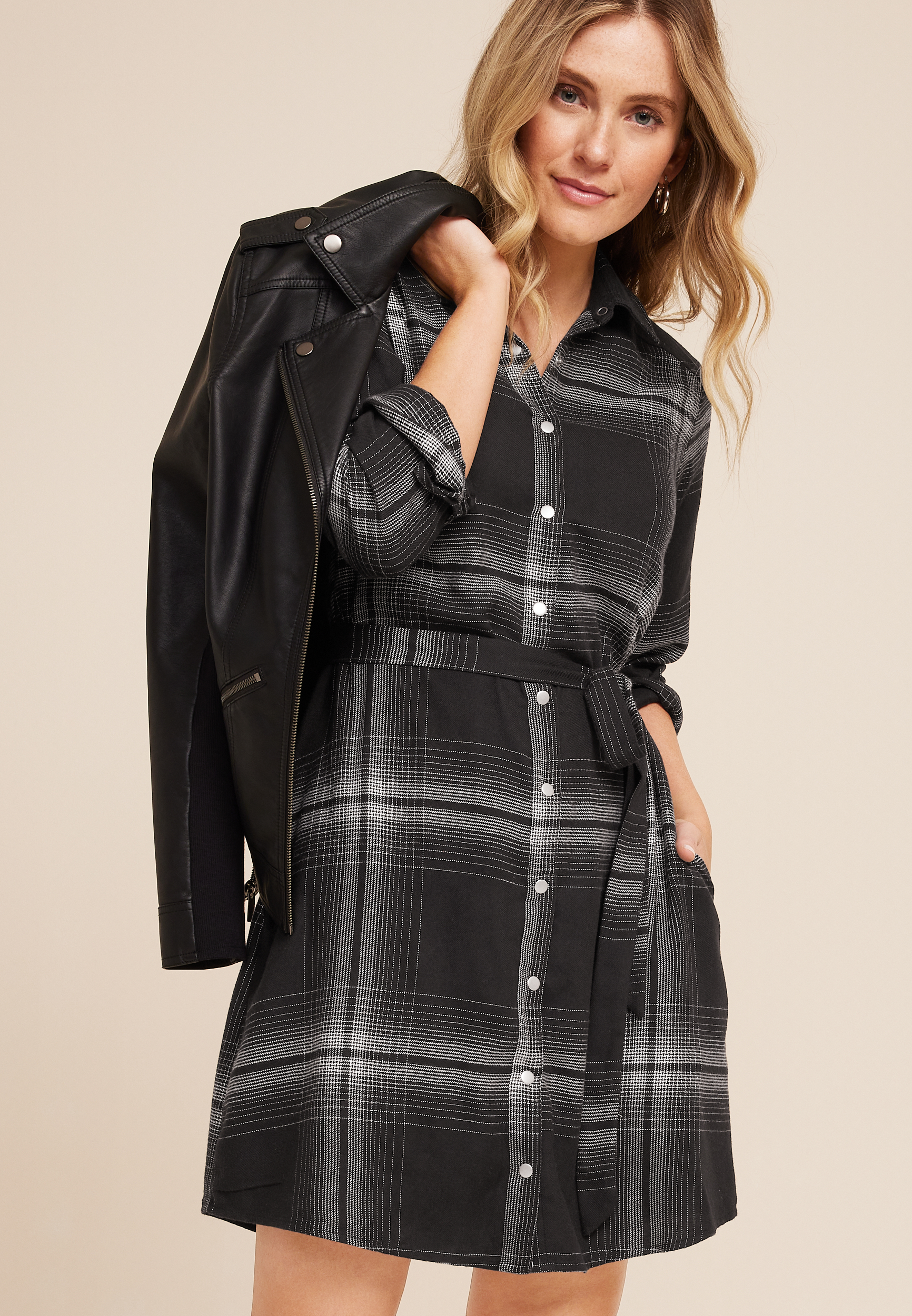 Plaid Belted Shirt Dress, C1756, large