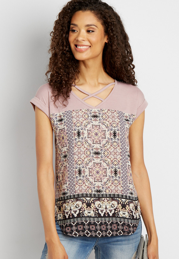 tee with patterned chiffon front | maurices