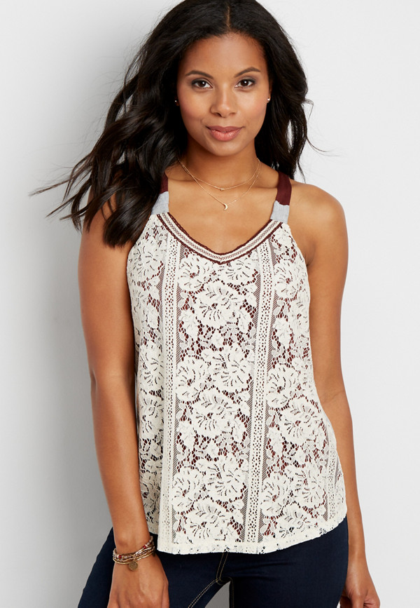 knit tank with floral lace overlay | maurices