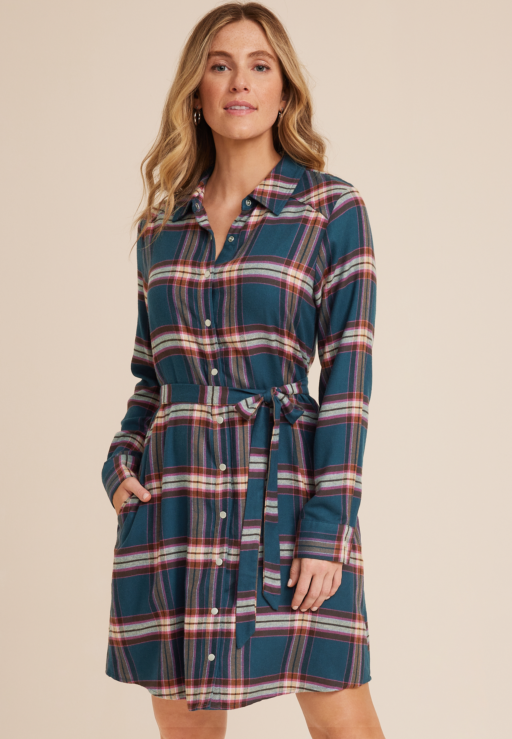 belted plaid shirt dress Plaid Patternblock Belted Shirt Dress