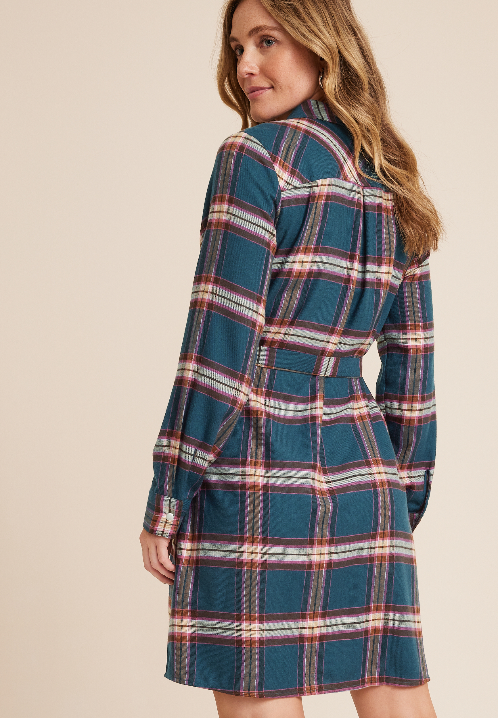 Plaid Belted Shirt Dress, C7471, large