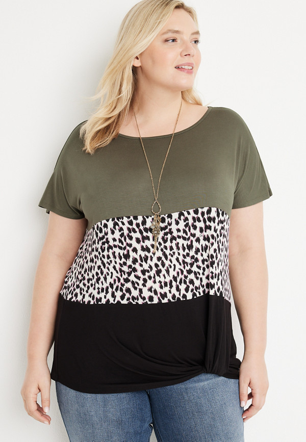Plus Size 24/7 Flawless Animal Colorblock Knot Hem Tee | maurices
