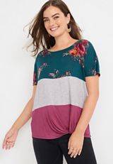 24/7 Flawless Floral Striped Colorblock Knot Hem Tee, C7304, small