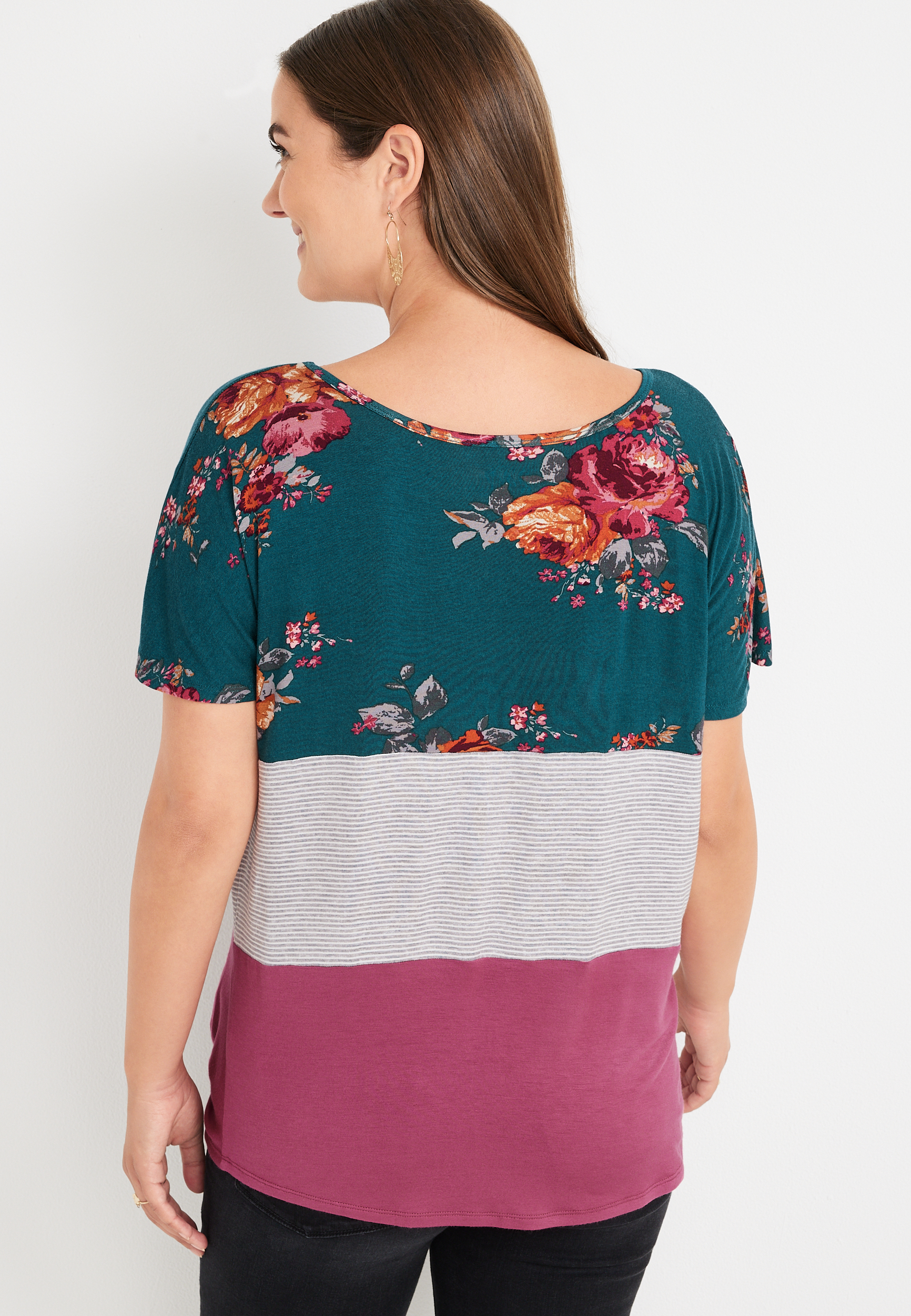 24/7 Flawless Floral Striped Colorblock Knot Hem Tee, C7304, large
