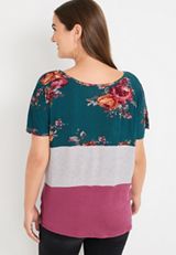 24/7 Flawless Floral Striped Colorblock Knot Hem Tee, C7304, small