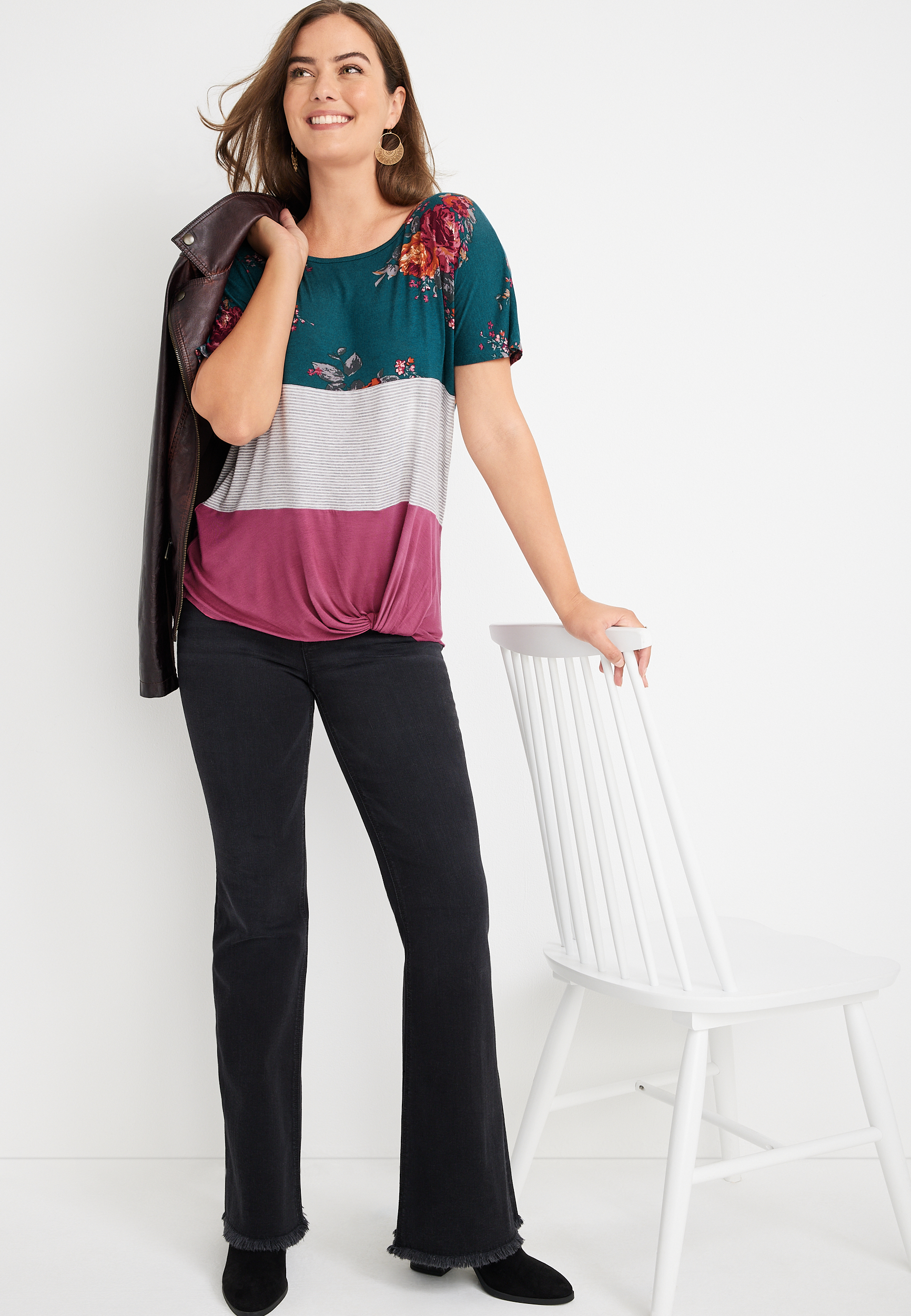 24/7 Flawless Floral Striped Colorblock Knot Hem Tee, C7304, large