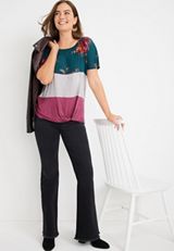 24/7 Flawless Floral Striped Colorblock Knot Hem Tee, C7304, small