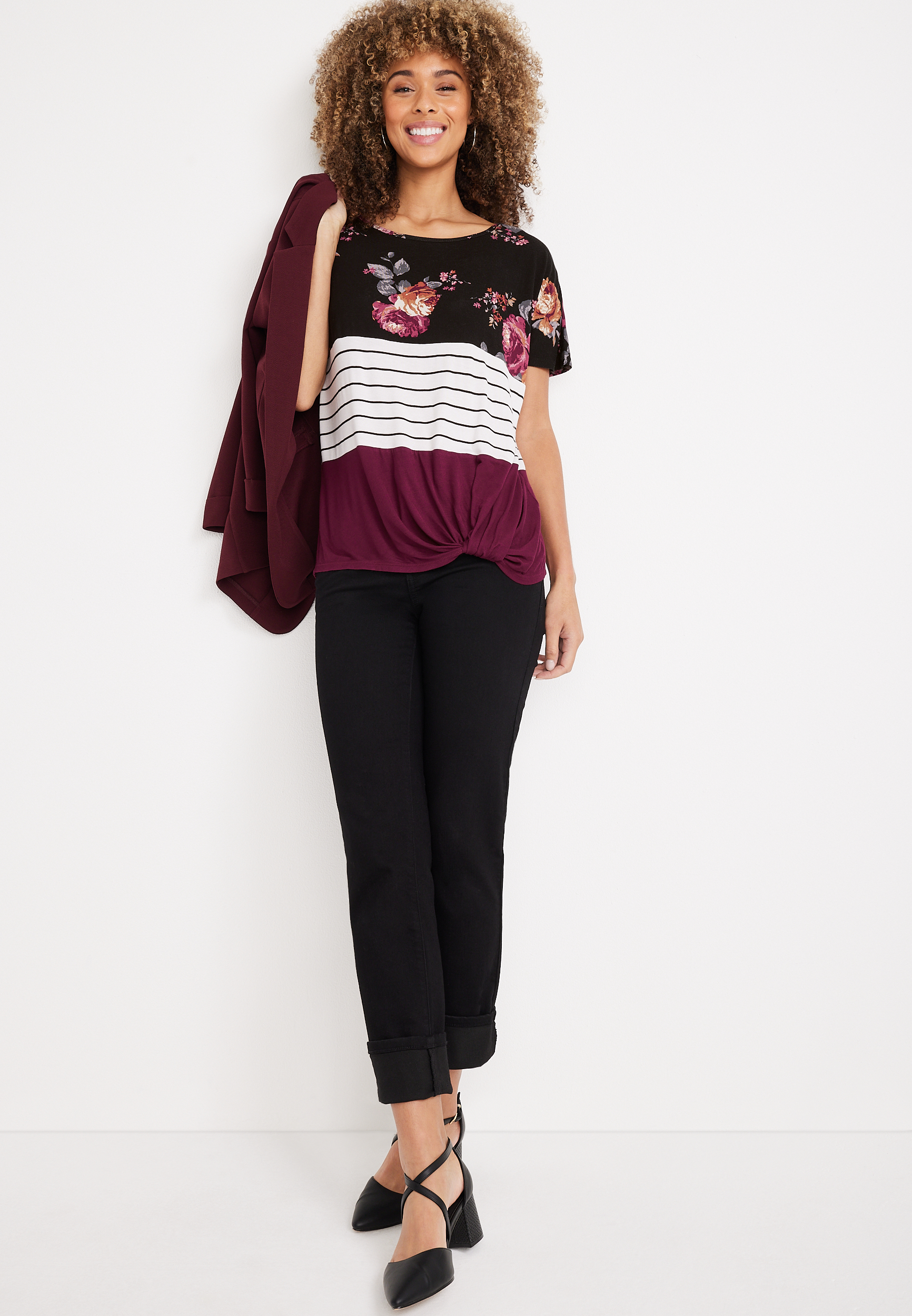 24/7 Flawless Colorblock Knot Hem Dolman Tee, C3058, large