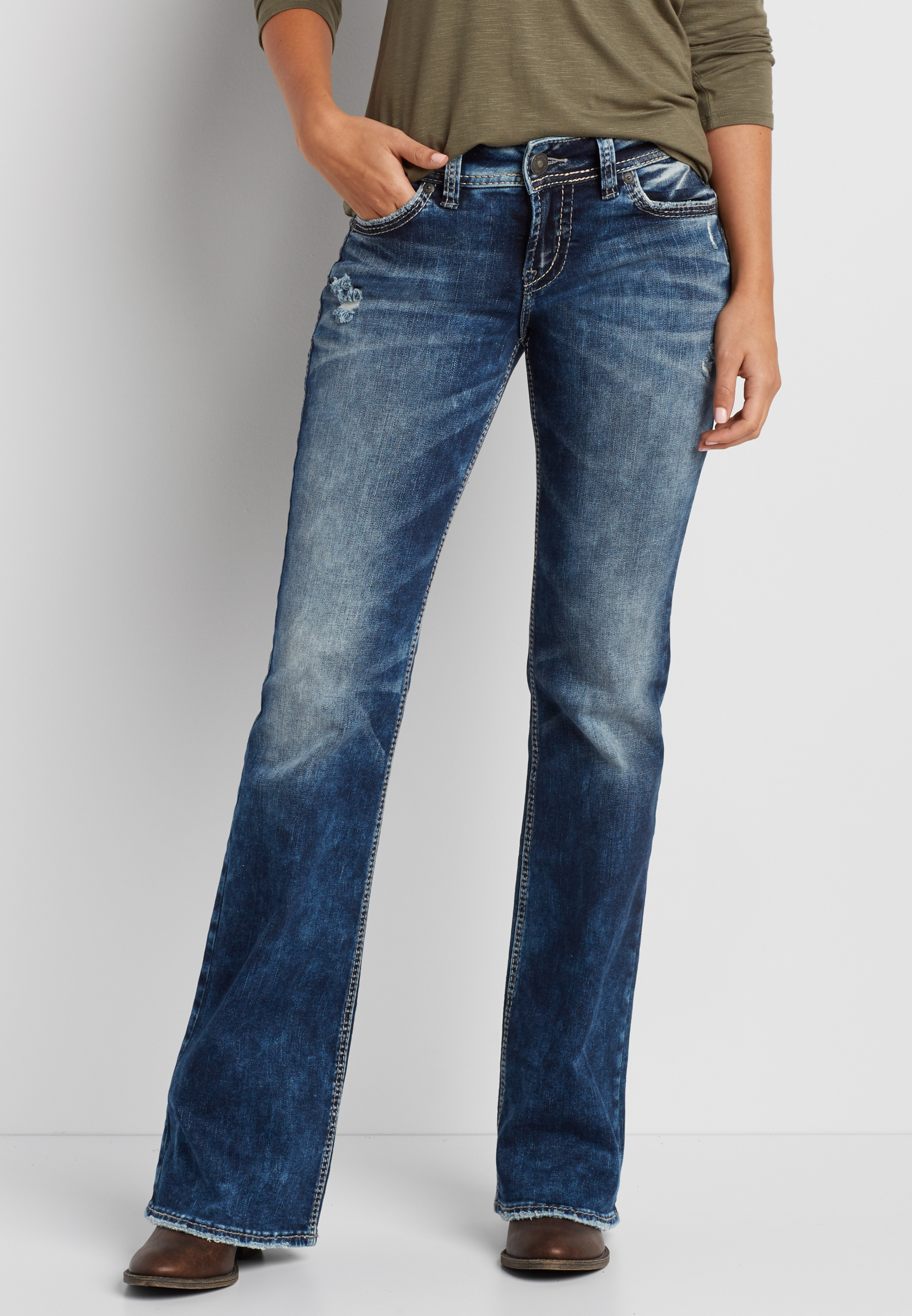 Silver Jeans Co.® Suki flare jeans in marbled medium wash | maurices