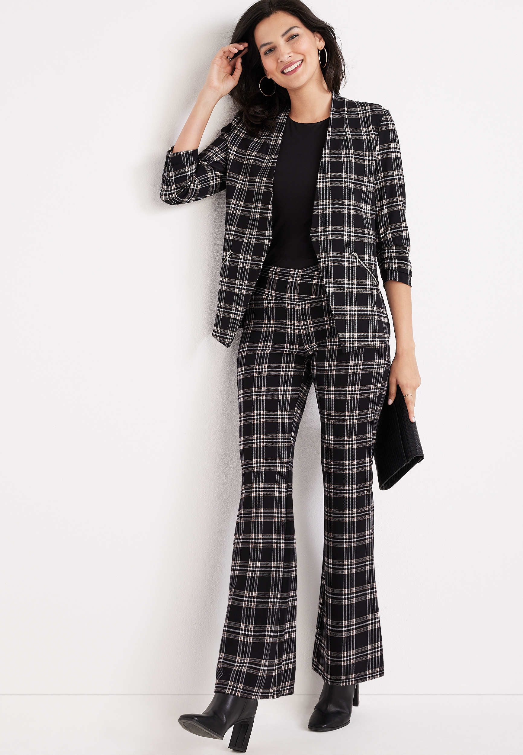 Black Plaid Ever Go Flare Crossover Waist Pant, BLACK COMBO, large
