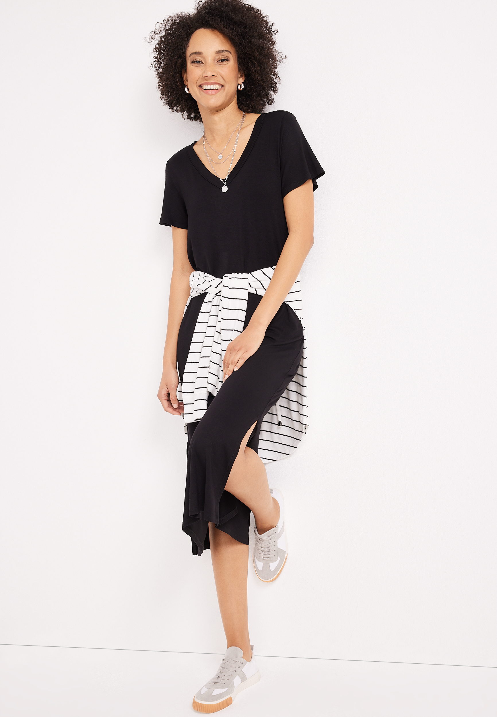 24/7 V Neck T Shirt Midi Dress, C106, large