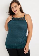 Plus Size Solid Lace Trim Crinkle Cami, , small