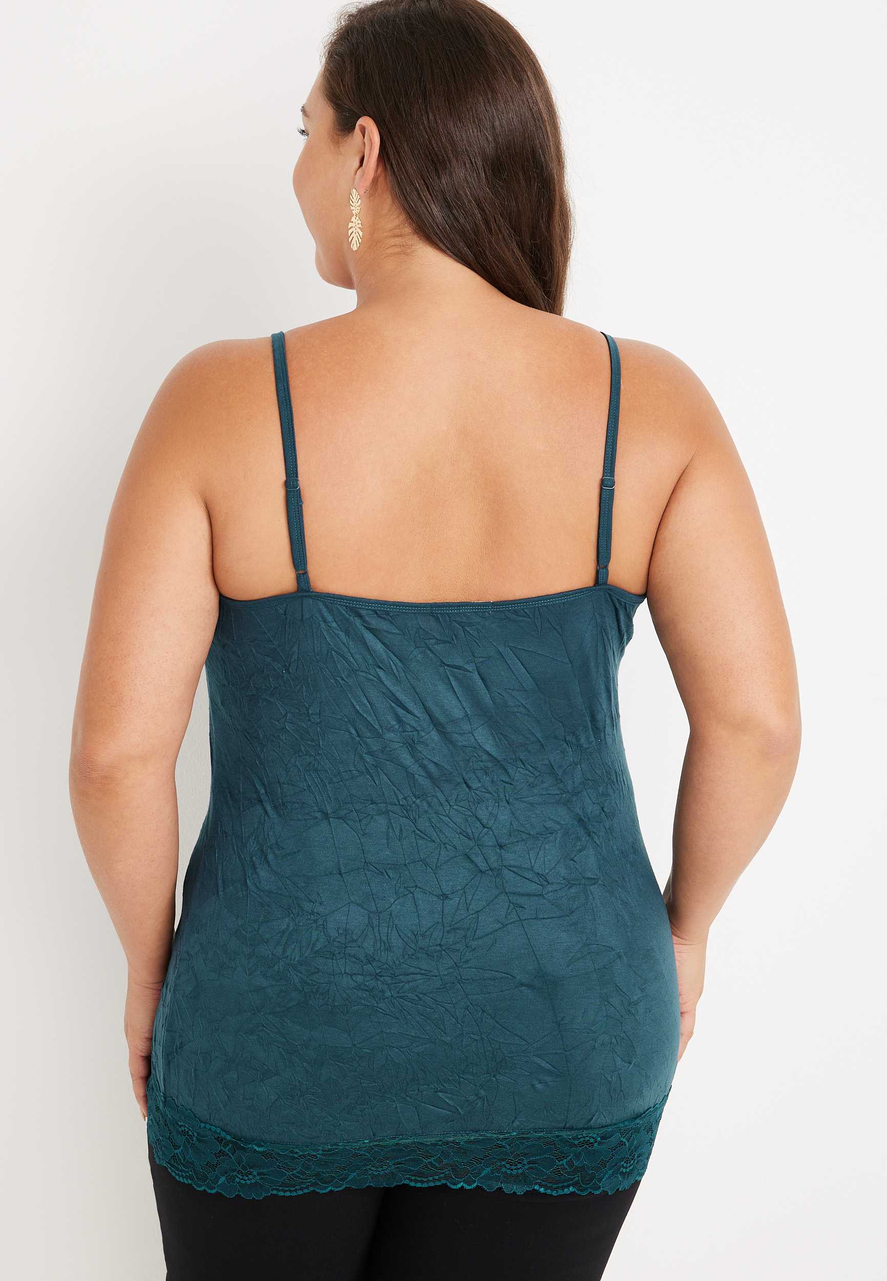 Plus Size Solid Lace Trim Crinkle Cami, , large