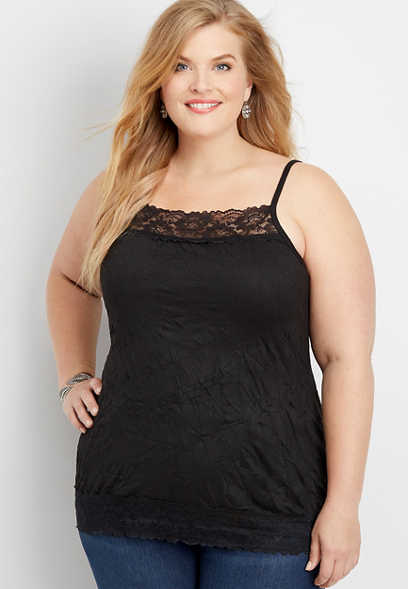 Plus Size Solid Lace Trim Crinkle Cami