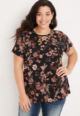 Plus Size 24/7 Flawless Floral Crew Neck Tee, BLACK COMBO, small