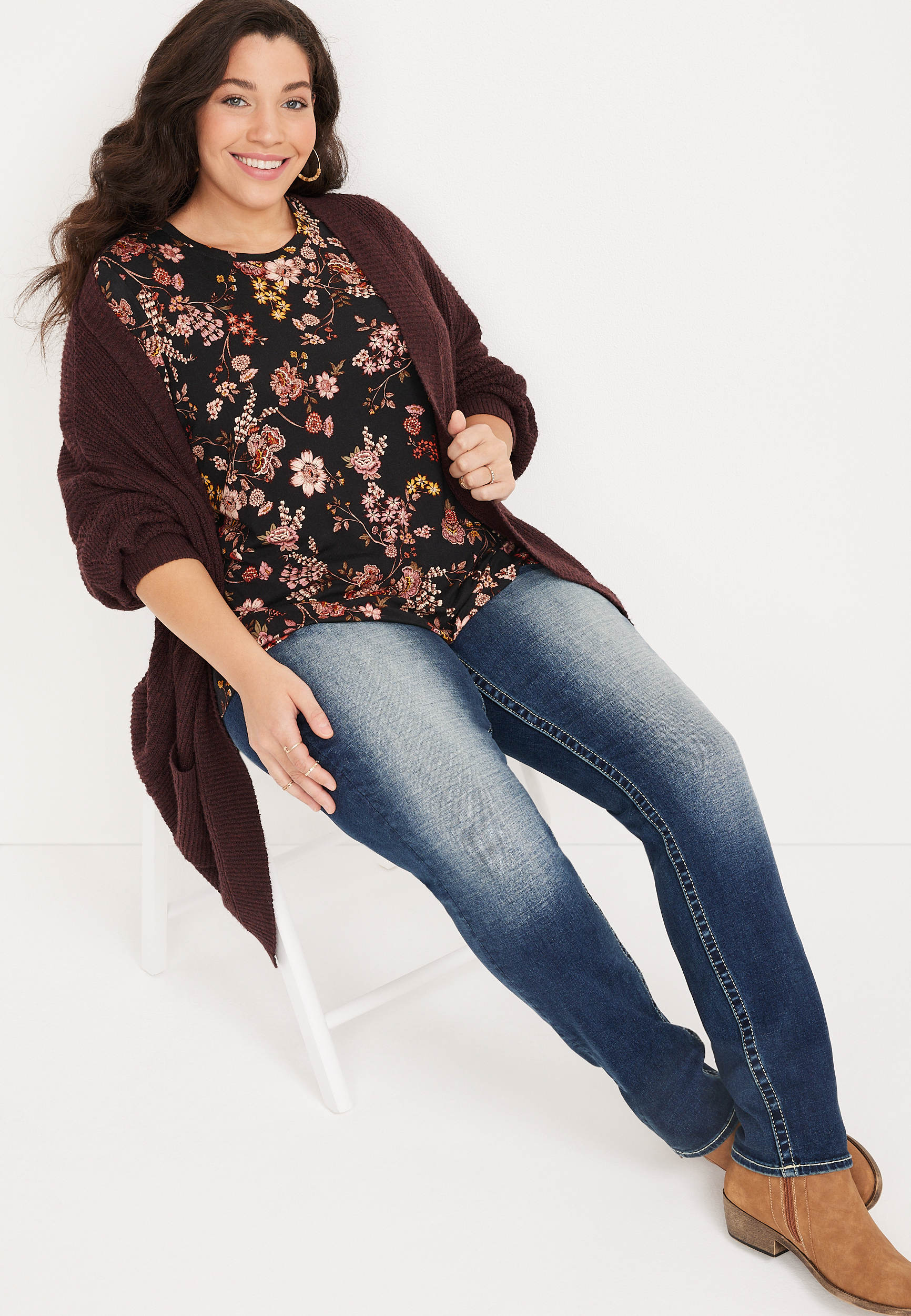 Plus Size 24/7 Flawless Floral Crew Neck Tee, BLACK COMBO, large