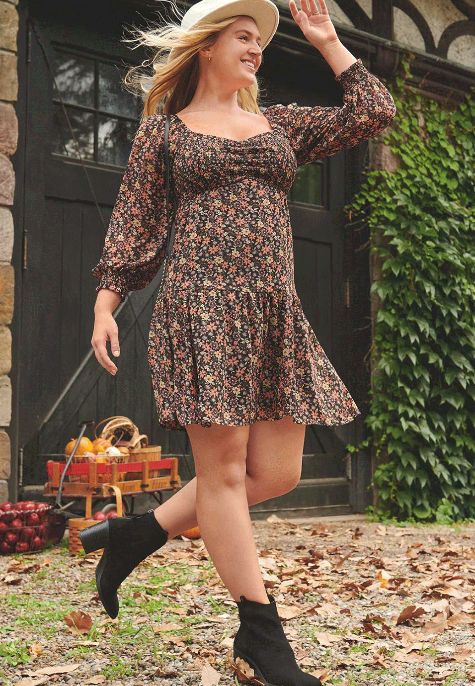 Black Floral Smocked V Neck Babydoll Mini Dress | maurices