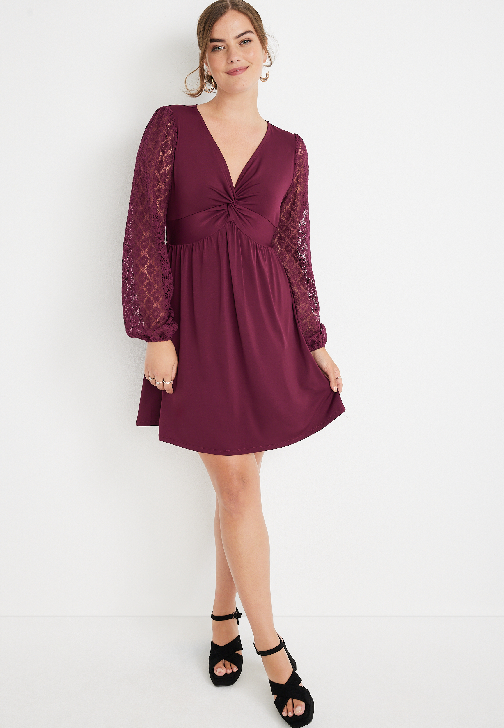 Front Twist Lace Sleeve Babydoll Mini Dress maurices