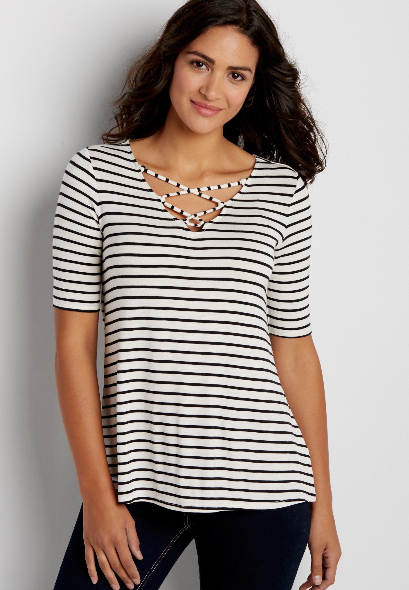 the 24/7 striped swing tee with strappy v-neckline | maurices