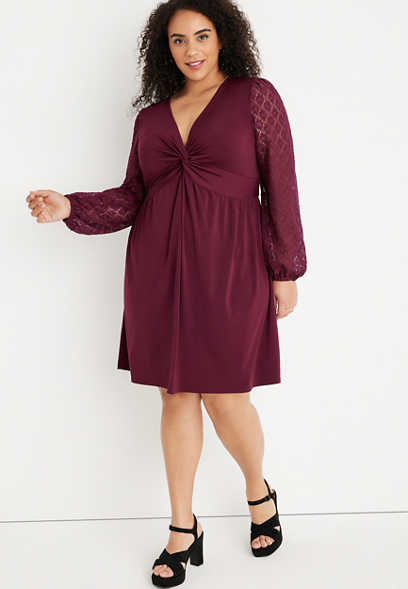 Plus Size Front Twist Lace Sleeve Babydoll Mini Dress