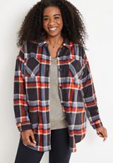 Plus Size Plaid Fleece Shacket, GRAY COMBO, small