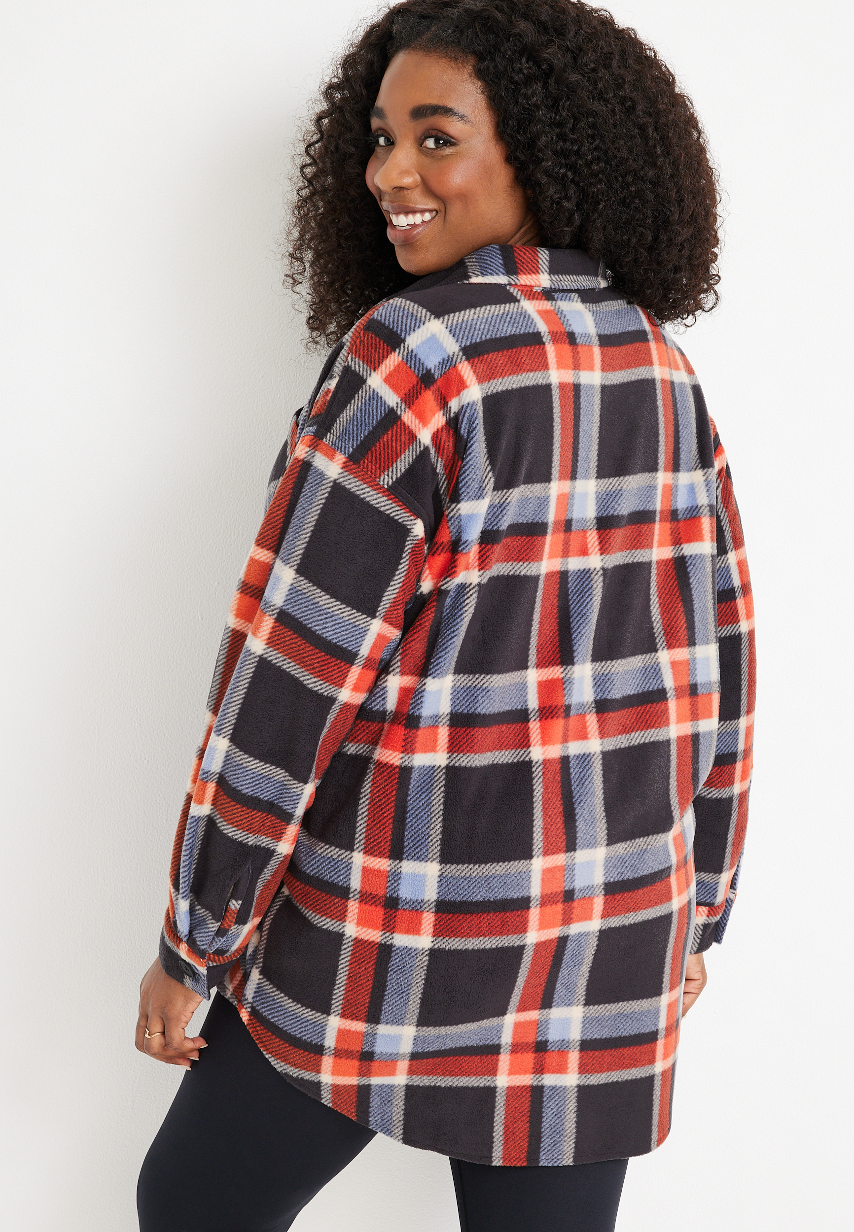 Plus Size Plaid Fleece Shacket, GRAY COMBO, large