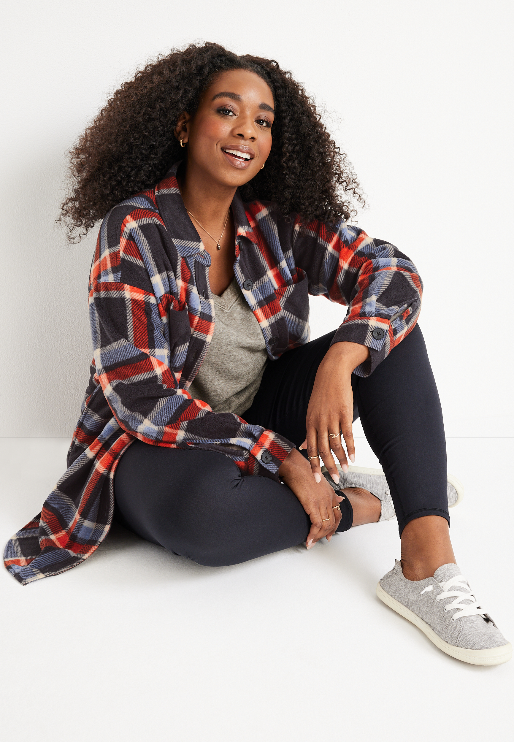 Plus Size Plaid Fleece Shacket, GRAY COMBO, large