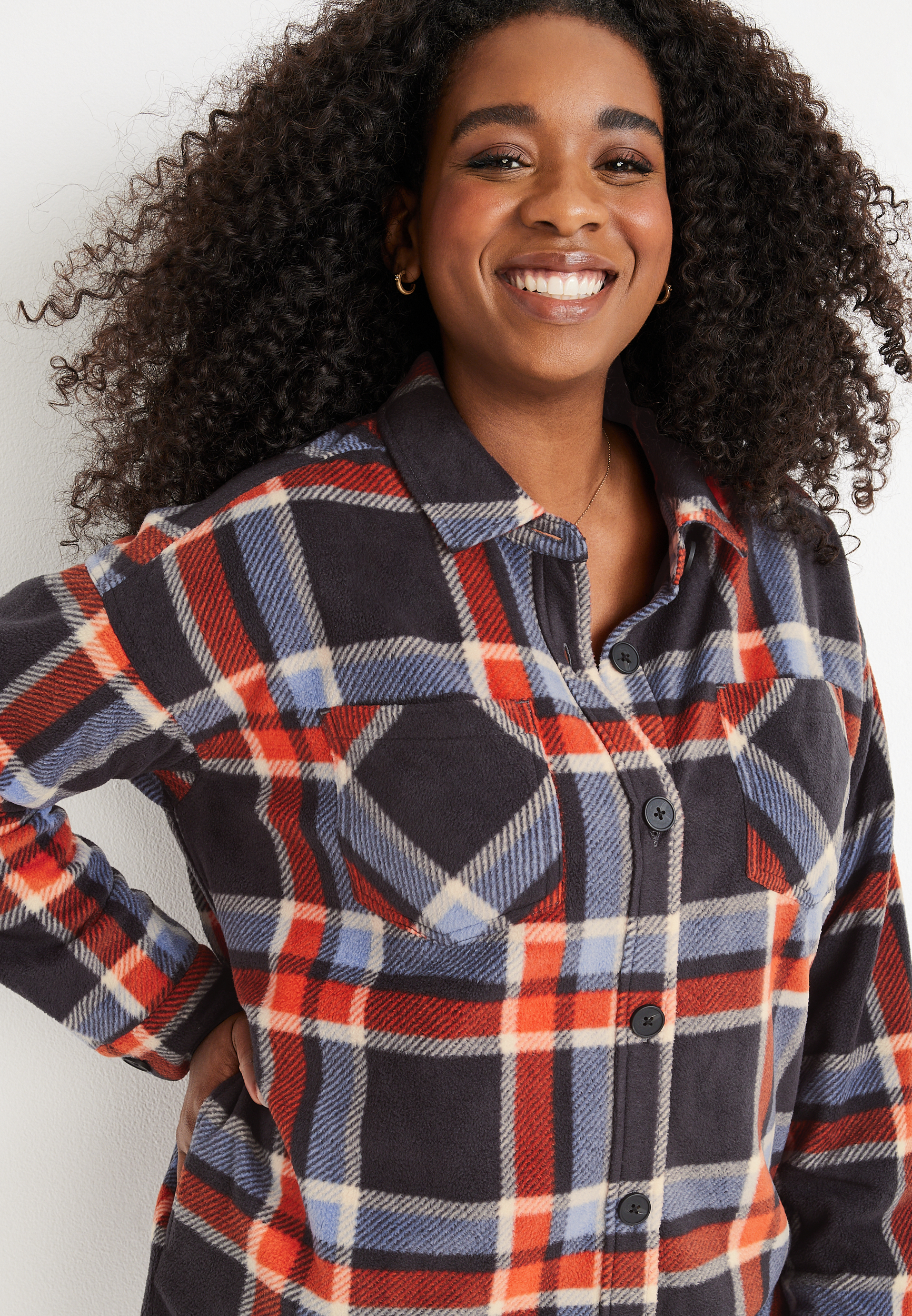 Plus Size Plaid Fleece Shacket, GRAY COMBO, large