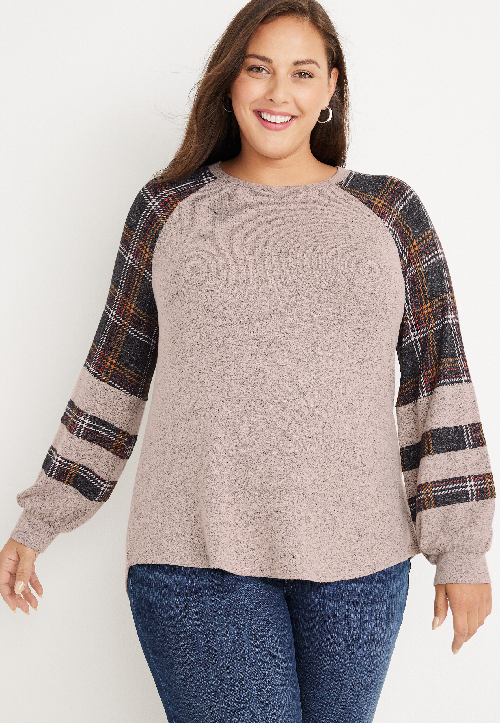 Plus Size Plaid Sleeve Mixer Tee | maurices