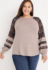 Plus Size Plaid Sleeve Mixer Tee, HEATHERED COCOA COMBO, small