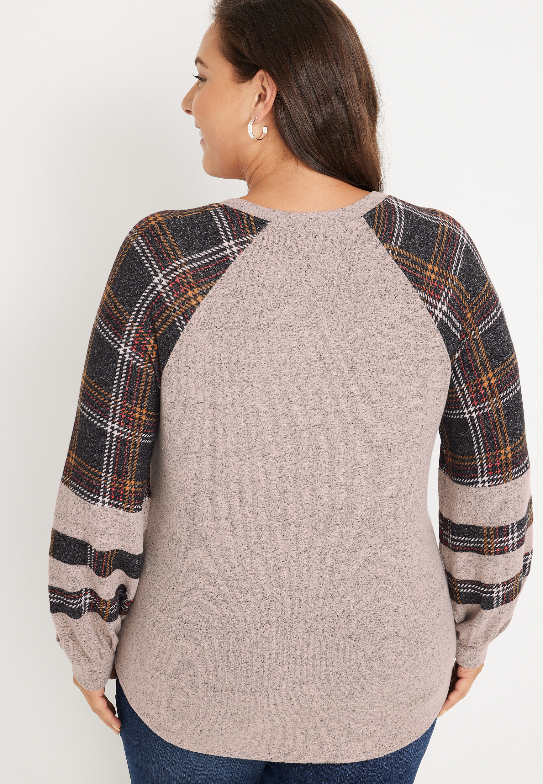 Plus Size Plaid Sleeve Mixer Tee, HEATHERED COCOA COMBO, large