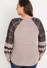 Plus Size Plaid Sleeve Mixer Tee, HEATHERED COCOA COMBO, small