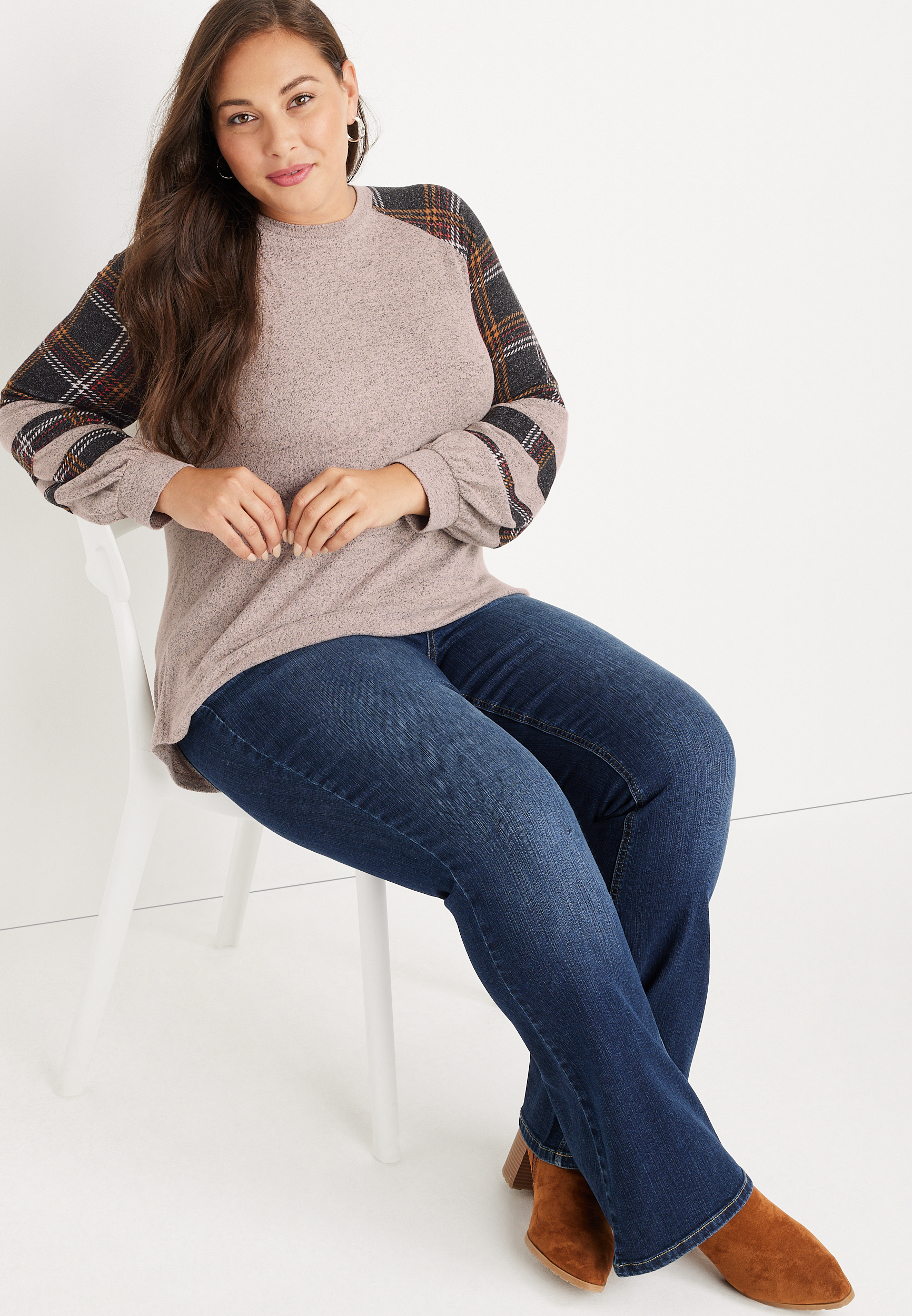 Plus Size Plaid Sleeve Mixer Tee, HEATHERED COCOA COMBO, large
