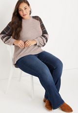 Plus Size Plaid Sleeve Mixer Tee, HEATHERED COCOA COMBO, small