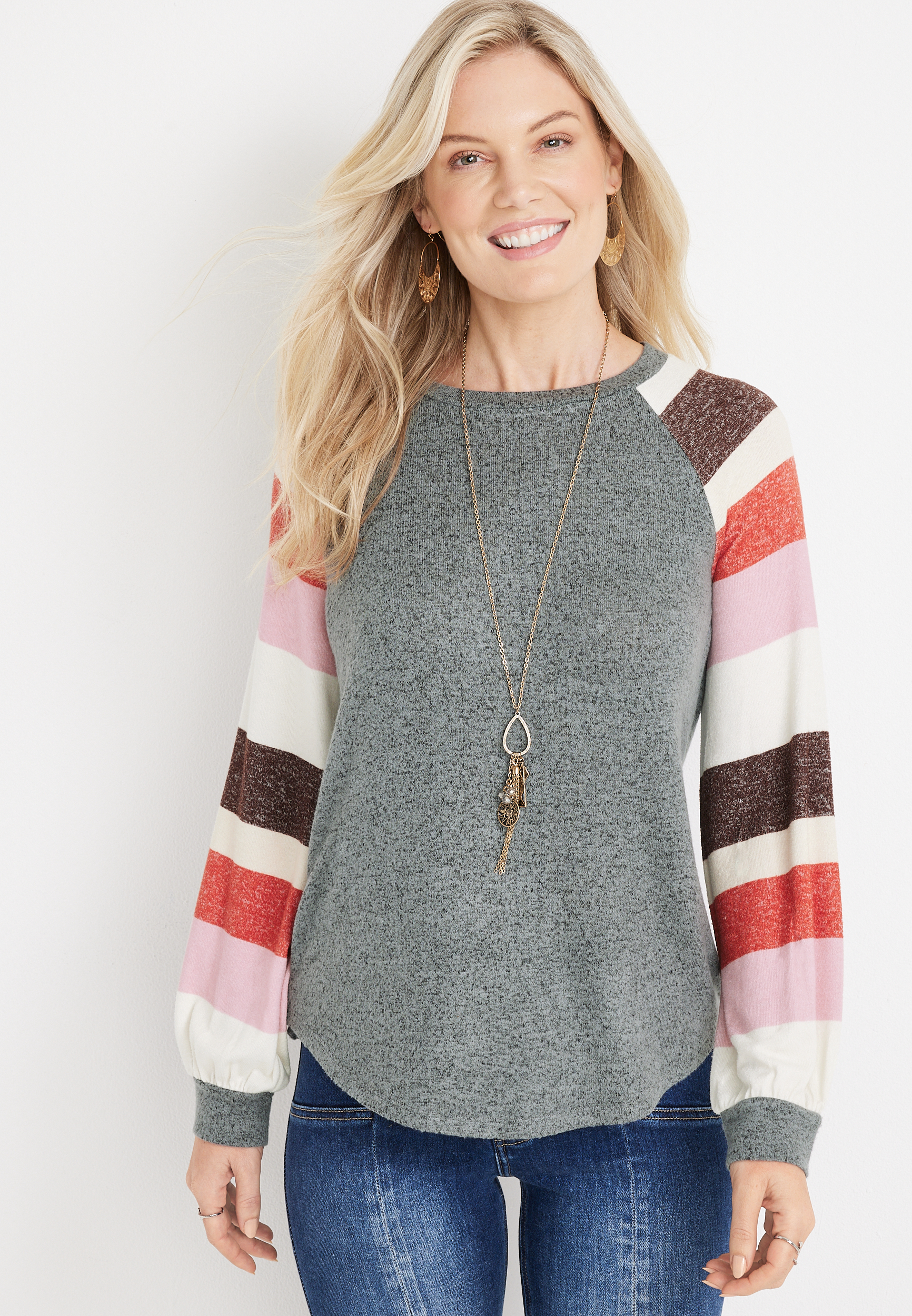 Colorblock Striped Sleeve Mixer Tee | maurices