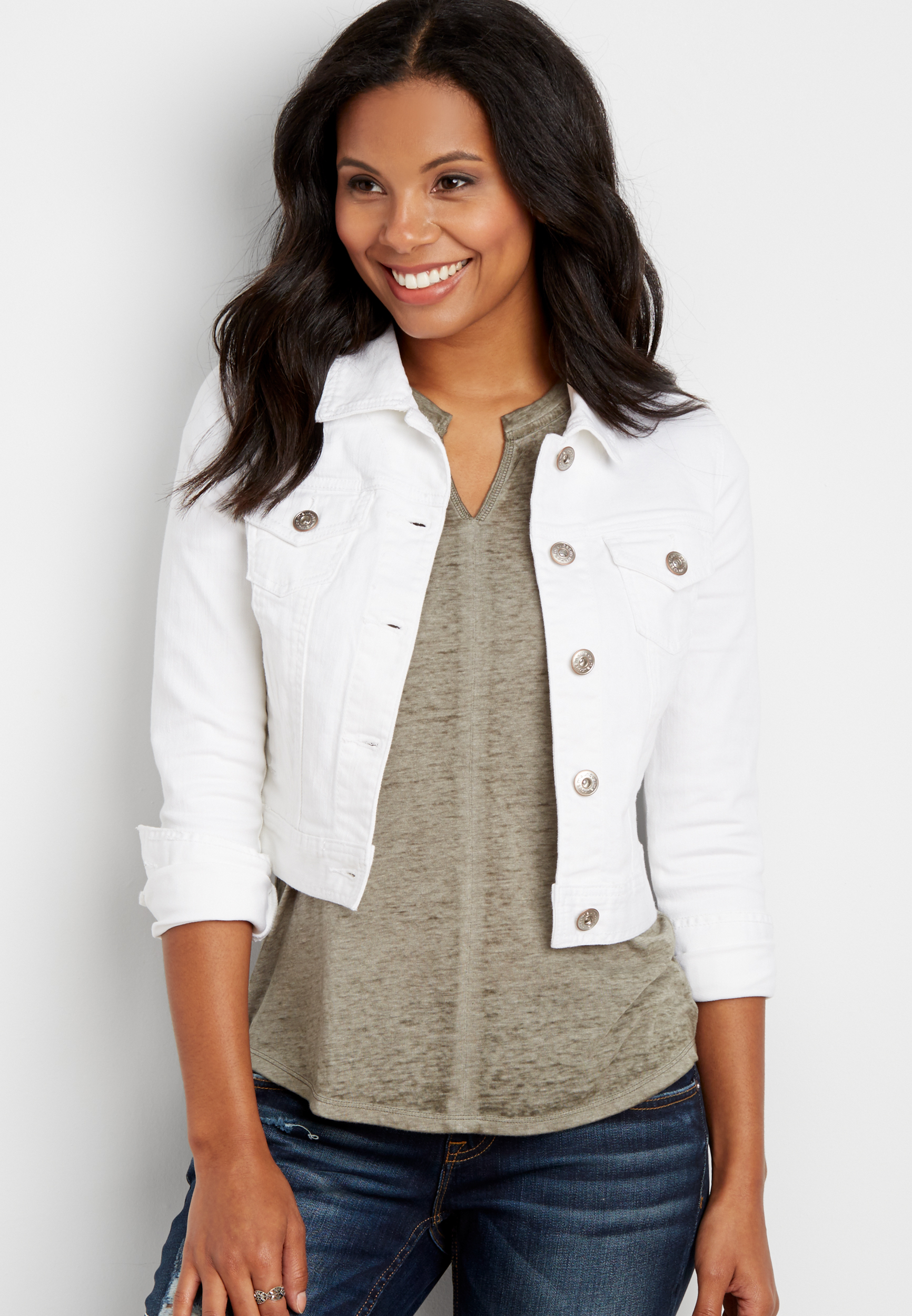 cropped denim jacket in white | maurices