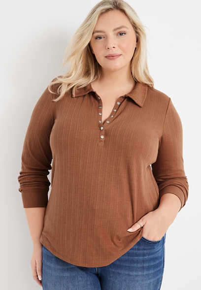 Plus Size Solid Ribbed Henley Top