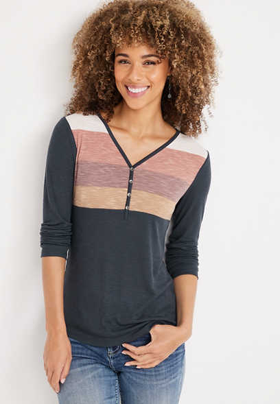 Striped Colorblock Ribbed Henley Top