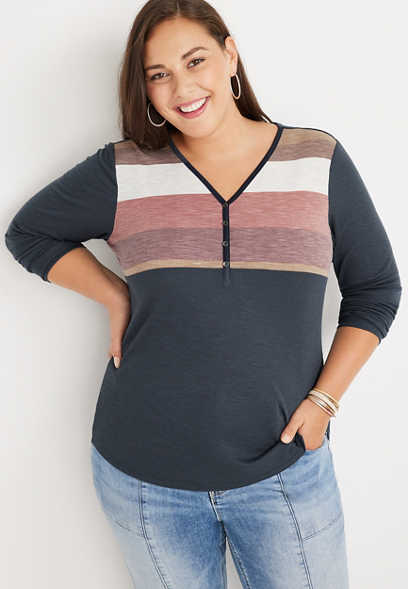 Plus Size Striped Colorblock Ribbed Henley Top