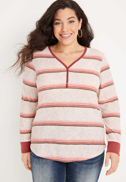 Plus Size Striped Ribbed Henley Top