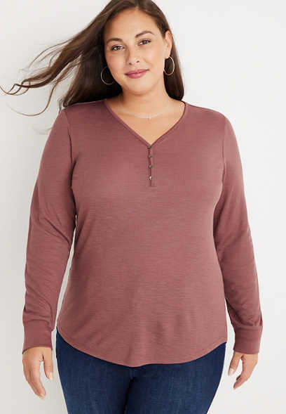 Plus Size Solid Ribbed Henley Top