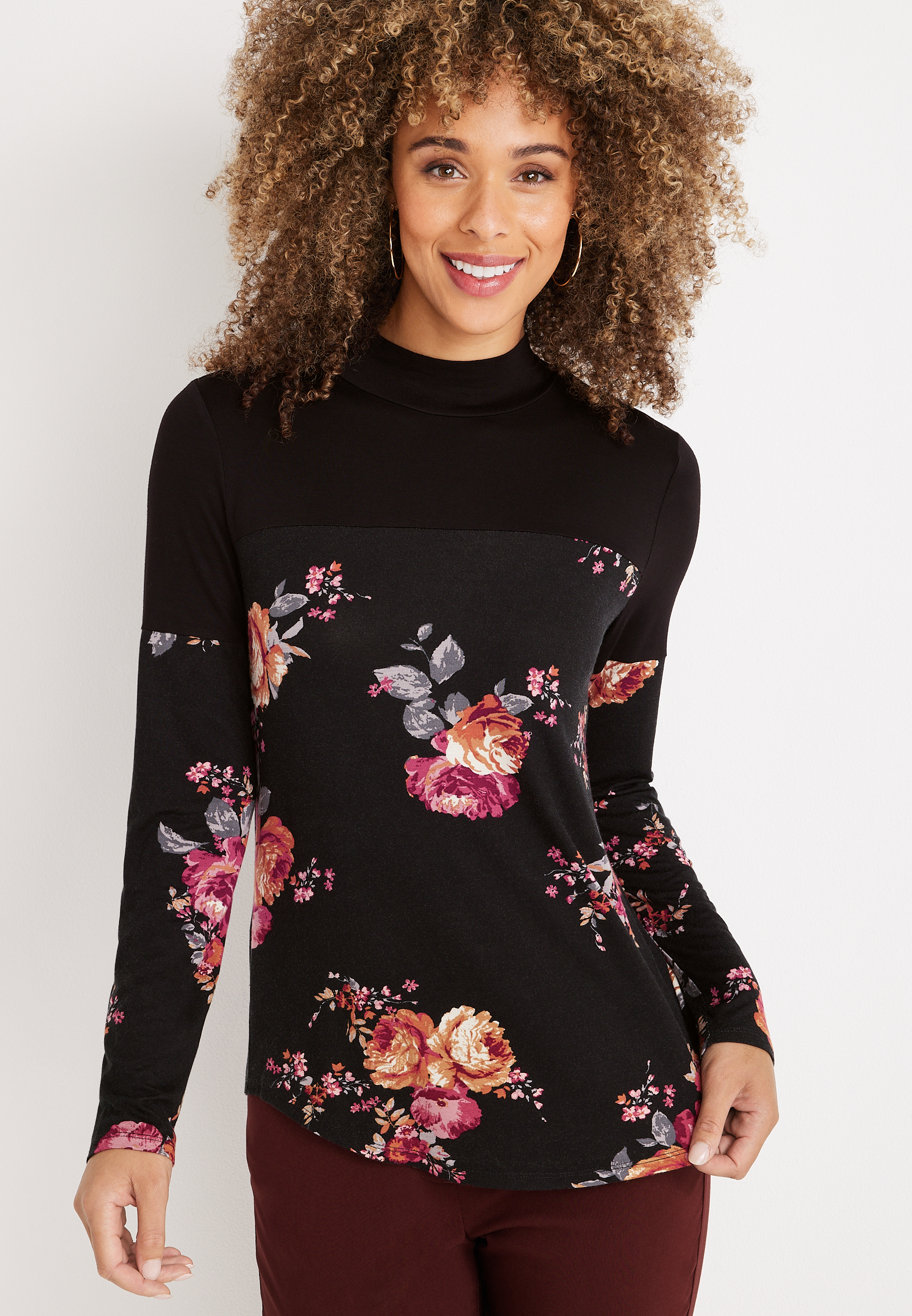 24/7 Flawless Floral Long Sleeve Mock Neck Top | maurices
