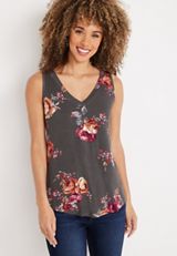 24/7 Flawless Floral V Neck Tank Top, GREY MOON COMBO, small