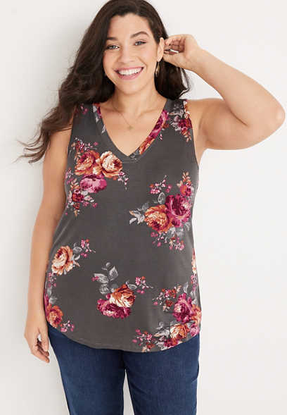 Plus Size 24/7 Flawless Floral V Neck Tank Top