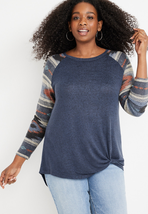 Plus Size Geo Print Sleeve Front Knot Mixer Tee | maurices