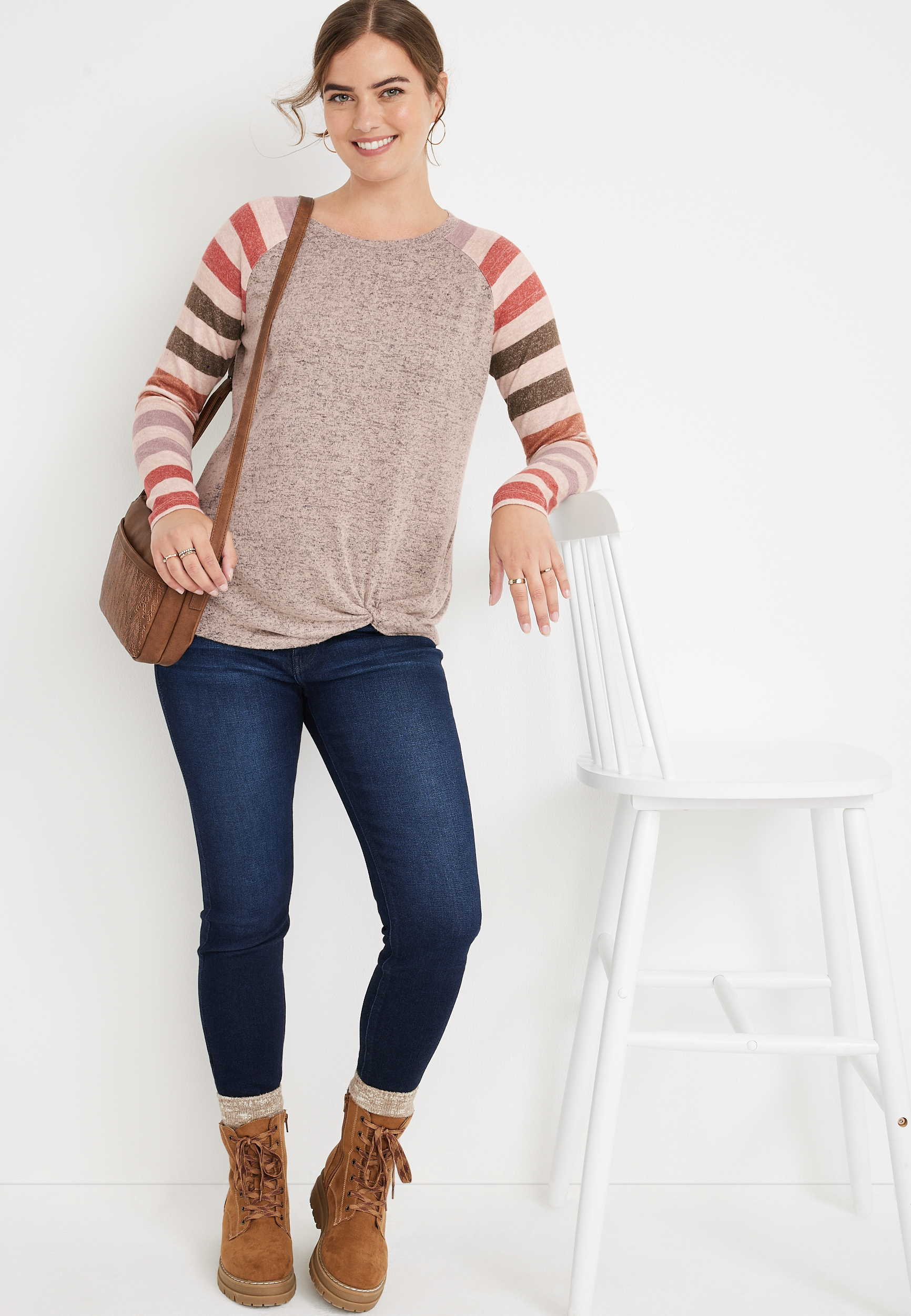 Striped Sleeve Front Knot Mixer Tee, HEATHERED COCOA COMBO, large