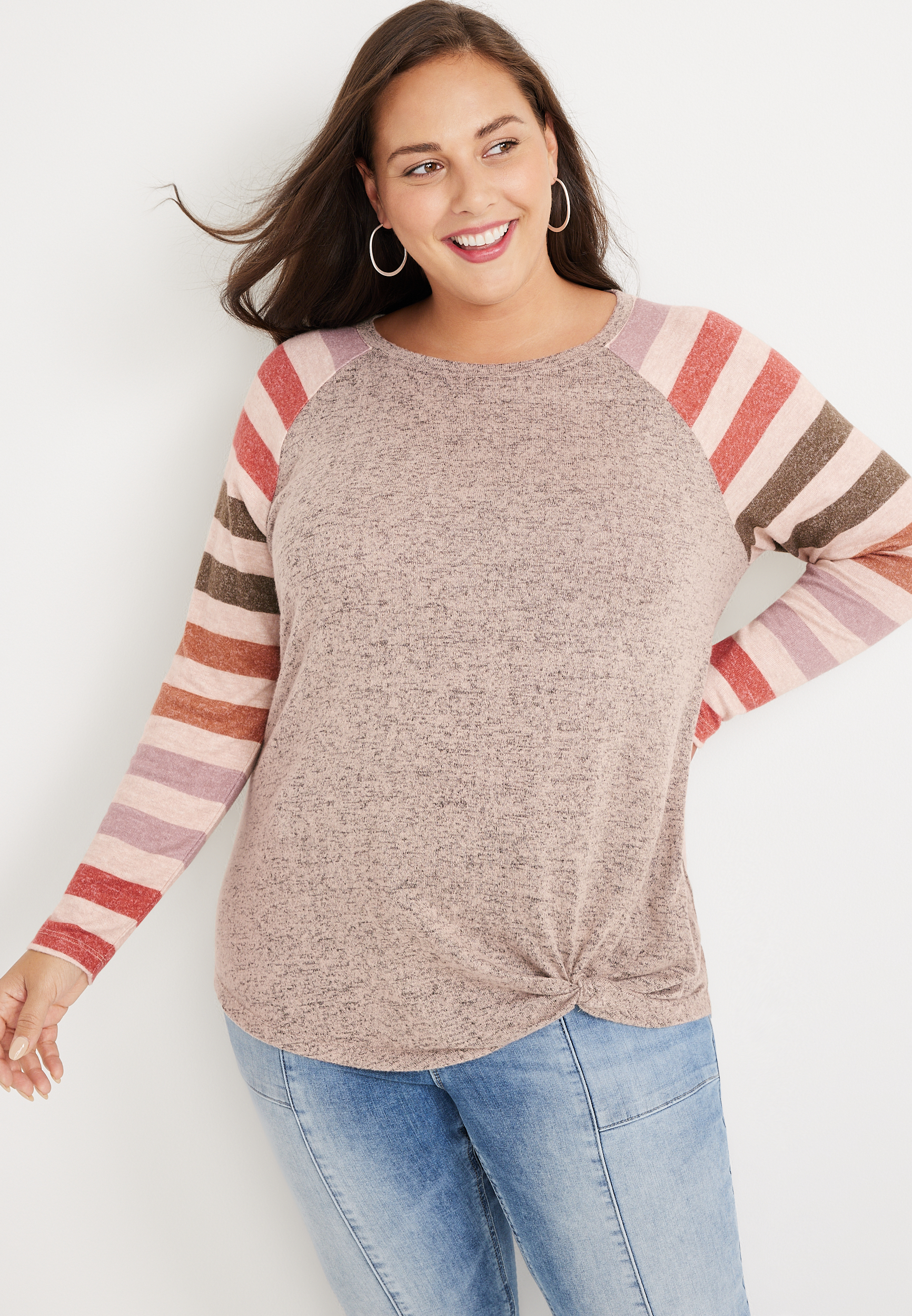 Plus Size Striped Sleeve Front Knot Mixer Tee | maurices