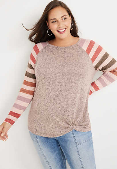 Plus Size Striped Sleeve Front Knot Top