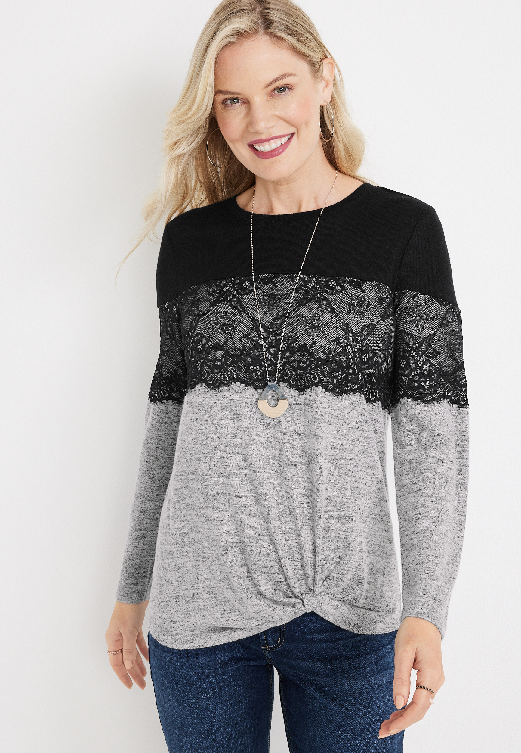 Lace Trim Front Knot Mixer Tee | maurices
