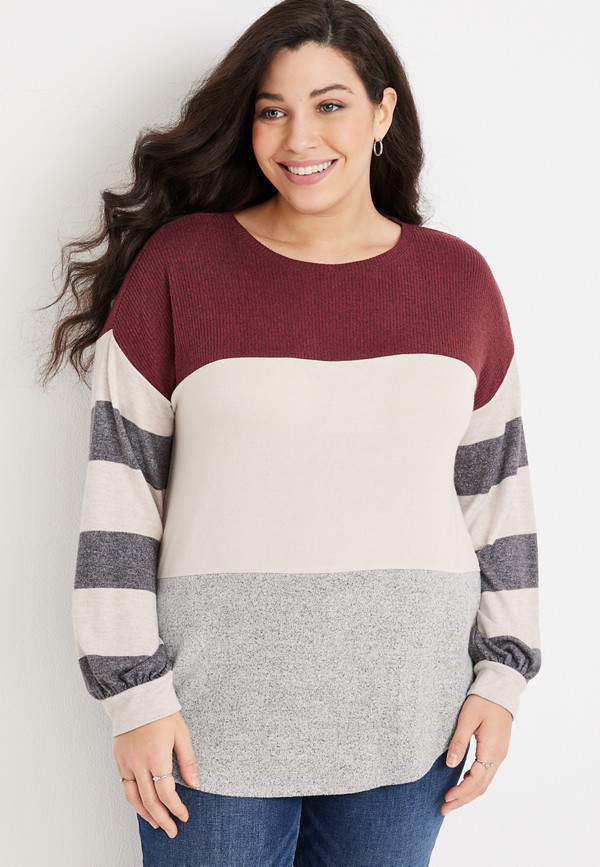 Plus Size Colorblock Striped Sleeve Mixer Tee | maurices